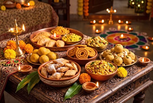 A beautiful display of traditional Diwali Faral snacks arranged on a wooden table with glowing lamps