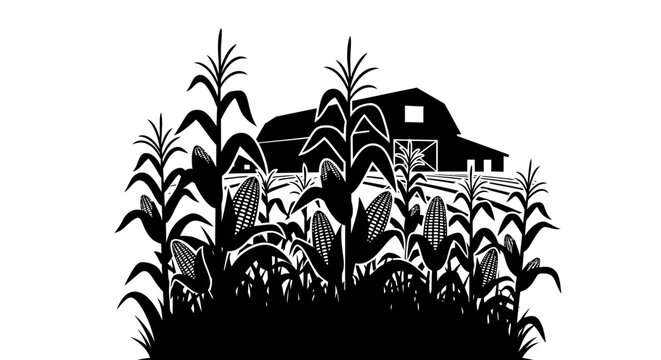 A black silhouette of a corn field with a farm building