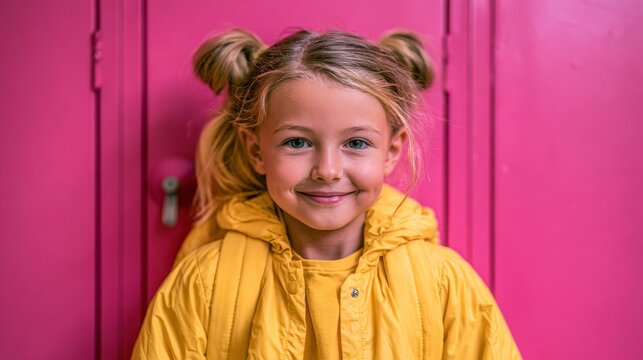 Happy young girl with blonde hair styled in two pigtails wearing bright yellow jacket smiling in front of vibrant pink background looking confident and cheerful