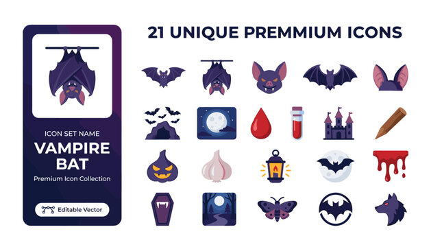 Vampire bat icon set, halloween vector collection, spooky elements for graphic design, dracula theme illustrations, creepy symbols for web and mobile apps