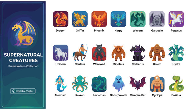Set of supernatural creatures icons, mythical monsters and legendary beasts collection, vector illustration of fantasy characters for games and design projects