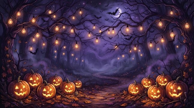 Spooky halloween pumpkin border enchanted forest with jack o' lanterns and string lights