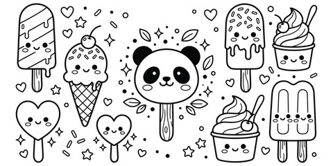 Fototapeta premium Cute kawaii panda and sweet treats doodle illustration for children's designs