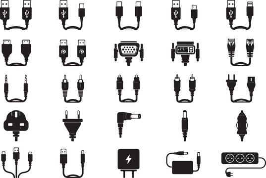 Set of black computer electronic cable and power adapter plug icons Vector