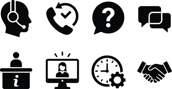 Customer support helpline and online consultant black silhouette icon set with headset operator chat bubbles info desk and handshake