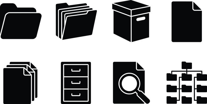 Data archive and document organization black silhouette icon set with file folder storage box cabinet and directory flowchart