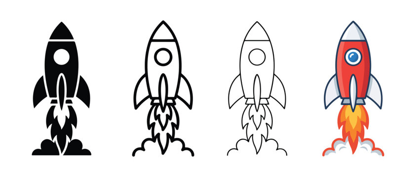 rocket ship icons launching into space with flames and smoke  depicting various styles and colors of rockets taking off