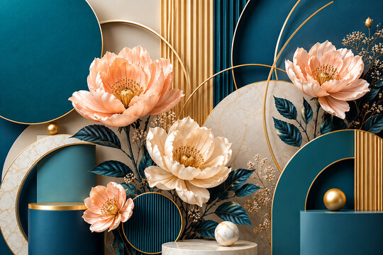 A modern, trendy wallpaper that harmoniously blends geometric shapes and flowers.