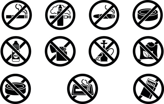 Prohibition Signs Showing Various Smoking and Vaping Items Featuring Cigarette, E-Cigarette, Hookah with Pipe and Alcohol