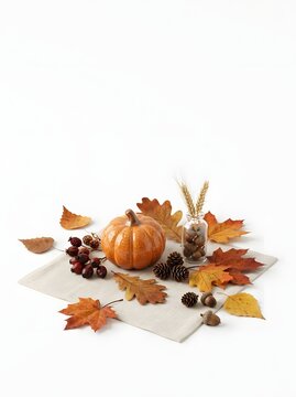 Autumn harvest arrangement with pumpkins and leaves.