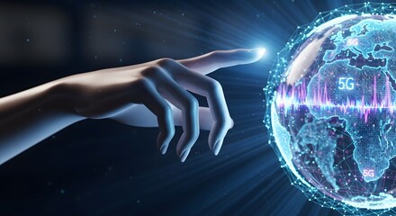 Fototapeta premium Hand interacting with a futuristic 5G globe.