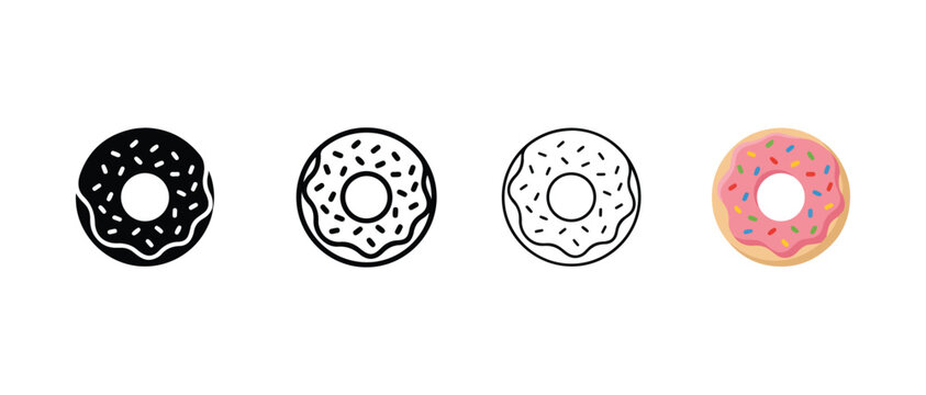 donuts with various toppings and frostings on white background