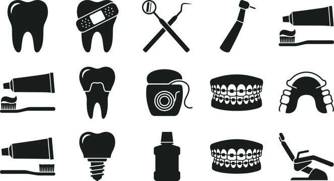 Dental clinic and oral hygiene black silhouette icon set with tooth braces implant dental chair and toothpaste elements