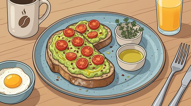 Avocado toast with cherry tomatoes and fried egg illustration.