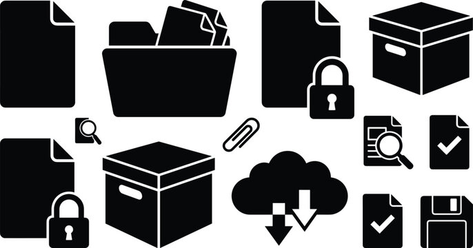 Document storage and cloud archive database management icon set featuring folder boxes files lock and cloud transfer