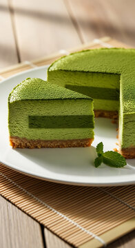 Green matcha layered cake on white plate