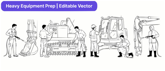 Obraz premium Heavy equipment cleaning workers vector set washing excavator machinery. Construction maintenance outline illustrations of service crew with pressure washer, brush, and safety gear in linear style.