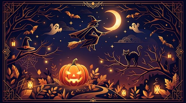 Spooky halloween pumpkin border witch ghosts black cat illustration