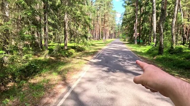 First-person view advances steadily along a paved forest road as a hand with extended index finger points forward, directing attention down the sunlit tree-lined path ahead.