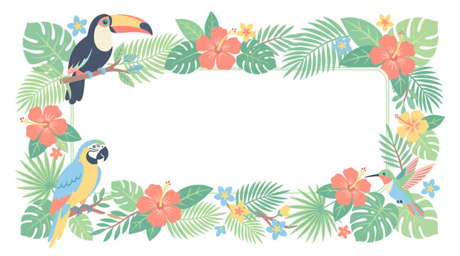 Tropical jungle border with exotic birds and hibiscus flowers.