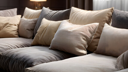 Obraz premium Several soft decorative pillows in beige and grey tones arranged neatly on a comfortable couch for a cozy interior design