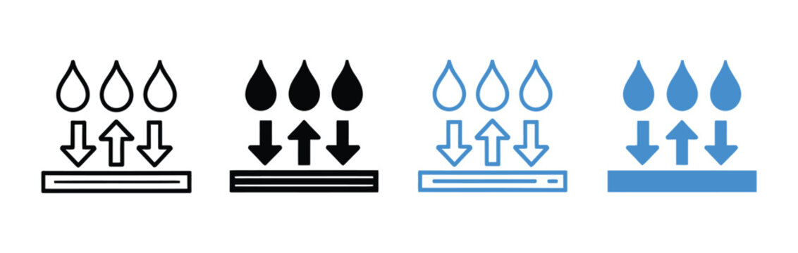 Water absorption icons illustrating liquid droplets and porous surface symbols with clean minimalist vector graphics for drainage performance, moisture management, waterproof technology, absorbent mat