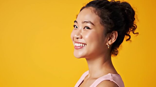 Happy Young Asian Woman Smiling in Side Profile Portrait Against Bright Yellow Studio Background