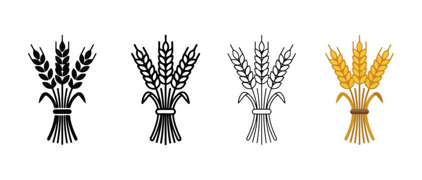  wheat sheaves icons in black line and yellow on white background for agriculture and harvest concepts