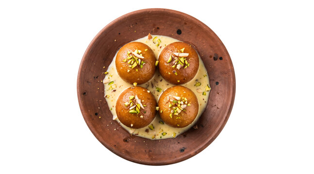 mawa bati sweets served on a bed of rich creamy rabri, garnished with chopped pistachios, slivered almonds, and saffron strands