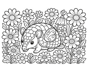 Fototapeta premium Cute pangolin with butterfly wings walking in a flower garden for kids coloring activity.
