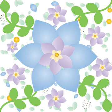 Pastel Floral Botanical Pattern Featuring Blue and Violet Spring Flowers with Green Foliage and Soft Leaves