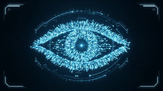 Digital eye interface with glowing blue particles and HUD elements on dark background, futuristic technology concept visualization with copy space