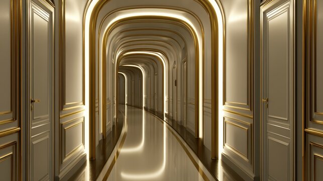 Elegant curved hallway interior with glossy reflective floor and ornate arched doorways highlighted with warm golden lighting and classic decorative molding