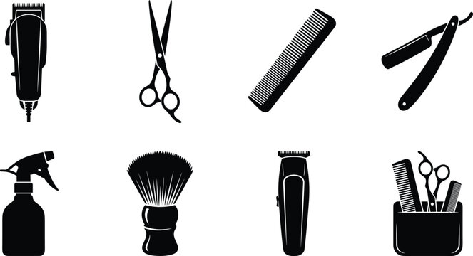 Barber and Hairdressing Tool Silhouette Icon Set
