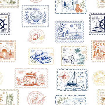 Seamless tropical pattern featuring vintage postage stamps with coastal, botanical and summer travel motifs. Perfect for fabric, wallpaper, wrapping paper, stationery, packaging and textile design.