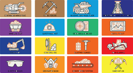 Heavy Duty Underground Mining Equipment and Quarry Extraction Linear Banner Icon Set Featuring Continuous Miners, Jackhammers, PPE Respirator, and Conveyor Belts © MdBiplob