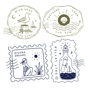 Vintage tropical postage stamp collection with coastal, botanical and summer illustrations. Retro travel badge designs inspired by seaside life, Mediterranean vibes and island adventures.