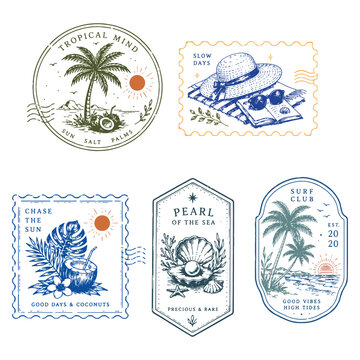 Vintage tropical postage stamp collection with coastal, botanical and summer illustrations. Retro travel badge designs inspired by seaside life, Mediterranean vibes and island adventures.