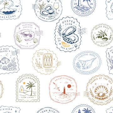 Seamless tropical pattern featuring vintage postage stamps with coastal, botanical and summer travel motifs. Perfect for fabric, wallpaper, wrapping paper, stationery, packaging and textile design.