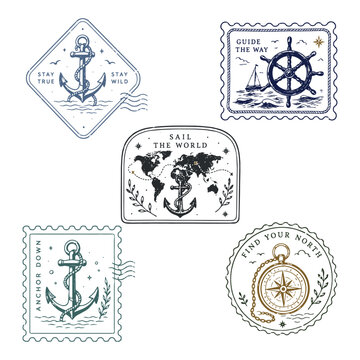 Vintage tropical postage stamp collection with coastal, botanical and summer illustrations. Retro travel badge designs inspired by seaside life, Mediterranean vibes and island adventures.