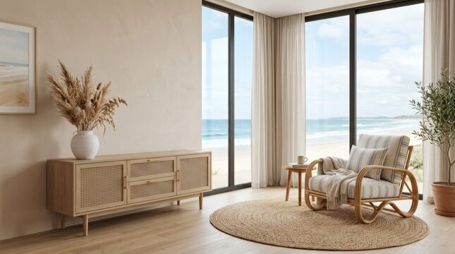 Modern living room featuring rattan sideboard and coastal beach view window.
