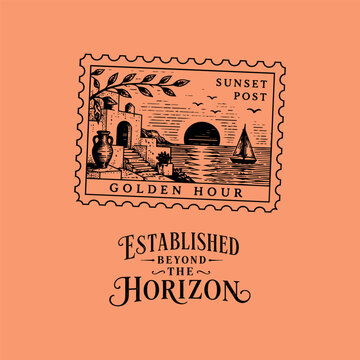 Vintage coastal greeting cards with engraved tropical postage stamp illustrations and inspirational typography. Perfect for printable art, postcards, stationery, travel gifts and summer decor.