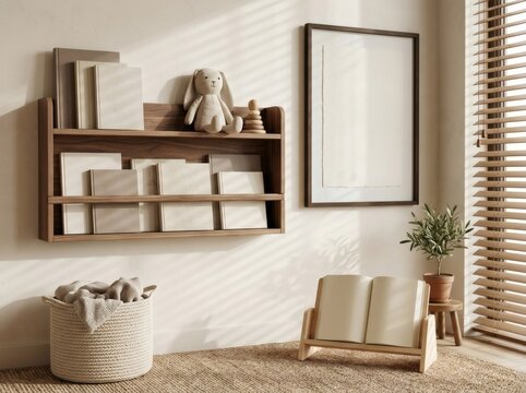 Minimalist wooden wall shelves with books and toy bunny in bright cozy nursery.