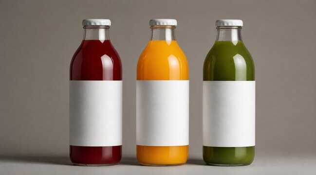 Three premium glass beverage bottles with blank labels