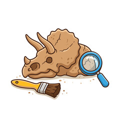 Kids learning design vector illustration of a fossilized triceratops skull being excavated with a brush and magnifying glass © Manok Mas