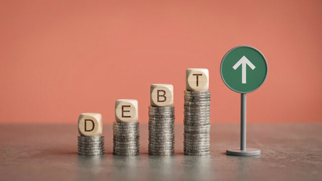 Debt Reduction Concept with Coin Stacks and Upward Recovery Arrow