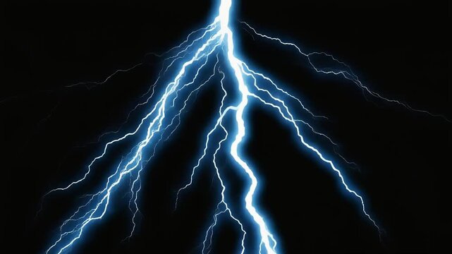 Powerful blue lightning strike with branching bolts on black