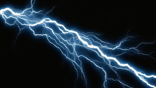 Powerful Blue Lightning Strike Isolated on Black Background