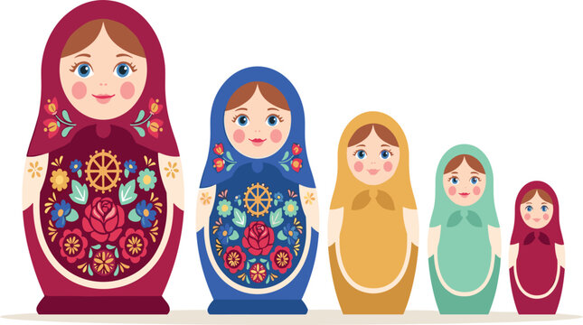Traditional Russian Matryoshka Nesting Doll Set Vector Illustration with Colorful Floral Aprons and Multi Sized Cute Cartoon Souvenirs
