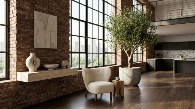 Modern industrial loft apartment with exposed brick wall, large windows, and an olive tree in living area.